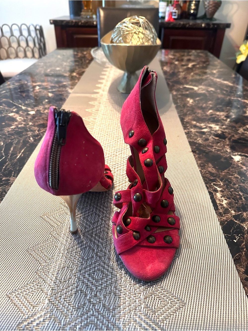 Red Suede Stud-Accent High Heel Ankle Booties